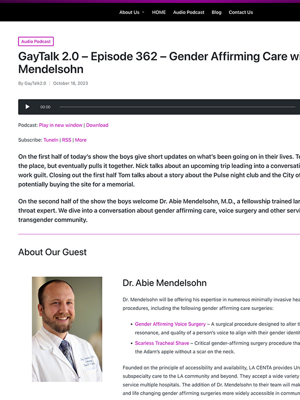 GayTalk 2.0 – Episode 362 – Gender Affirming Care with Dr. Mendelsohn